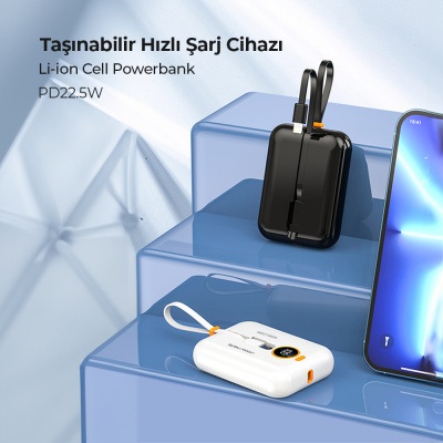 10.000 MaH 22.5w Ultra Hızlı Powerbank Lightning Ve Type-c Kablolu Powerbank - 1