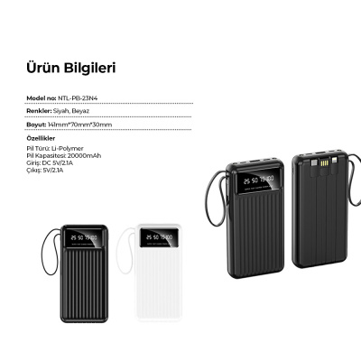 Powerbank 20000 mAh 2.1A Hızlı Dahili Çoklu Kablolu Taşınabilir Şarj Cihazı - 4